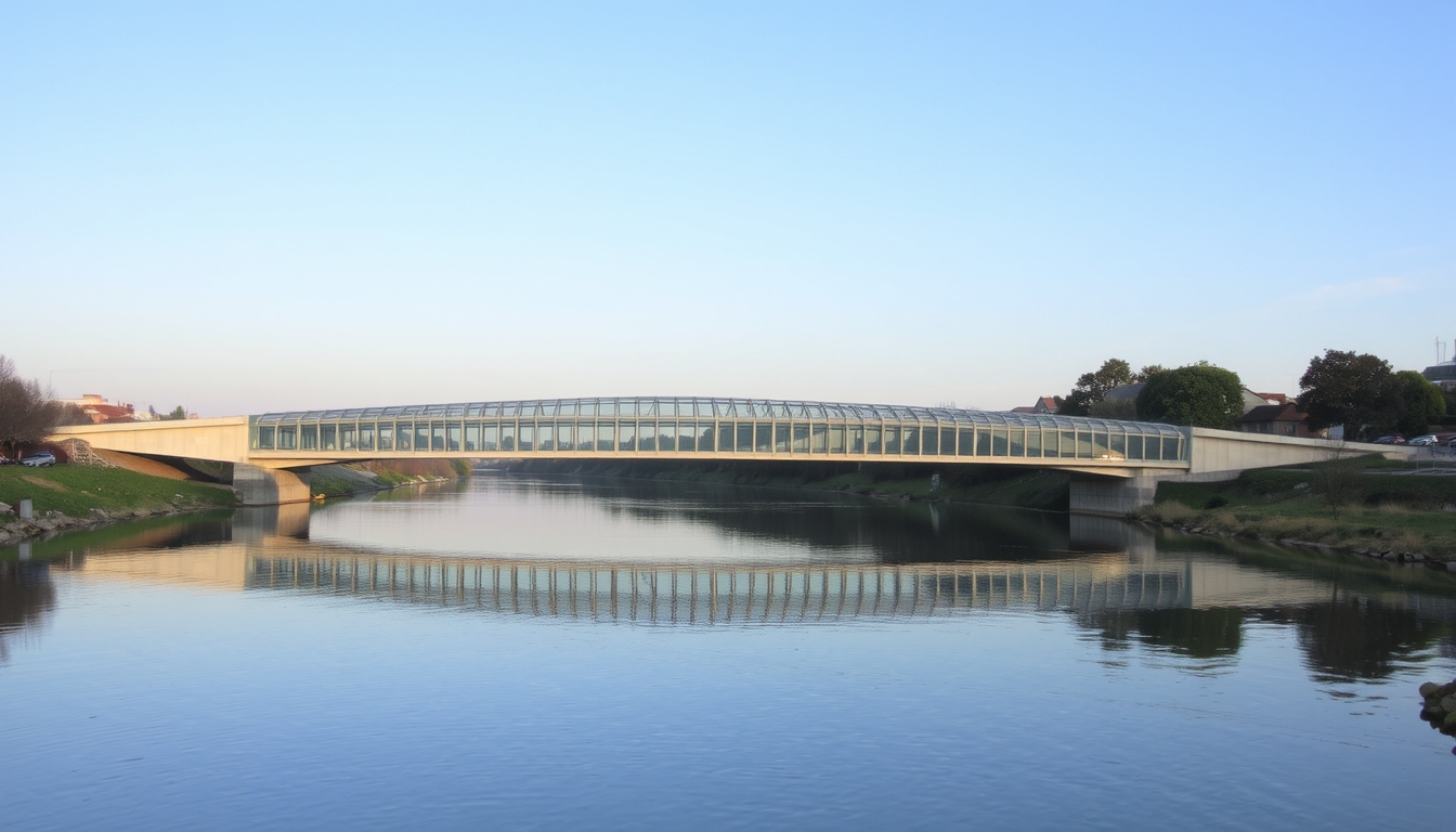 A serene river scene with a glass-bottomed bridge crossing over it.