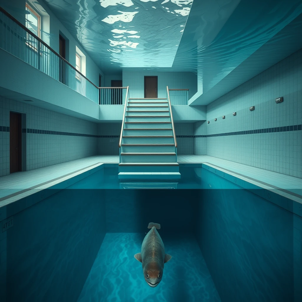 There is a strange swimming pool with steps extending from the sixth floor down to the pool and to the bottom, where a fish is diving underwater.