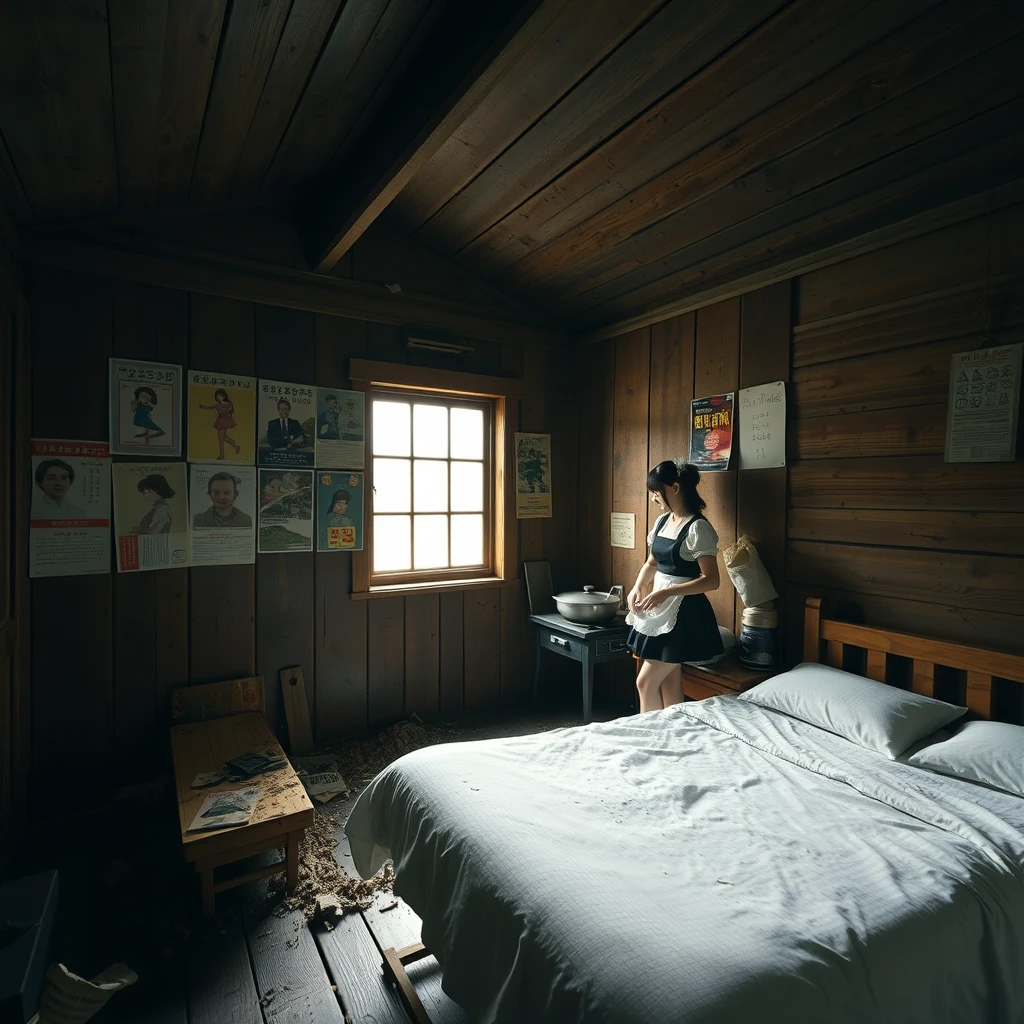 In a dilapidated wooden cabin, there is a bed, and one wall of the room has several posters on it. The cabin is very large, and a young Japanese woman in a maid outfit (short skirt) is cooking in the room. Note that the cabin has a window.