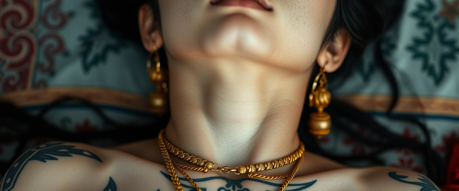 Close-up view of the tattooed chest of a Korean Indian woman with white skin and beautiful facial features, blue eyes, wearing gold ornaments, looking upward while lying down. - Image