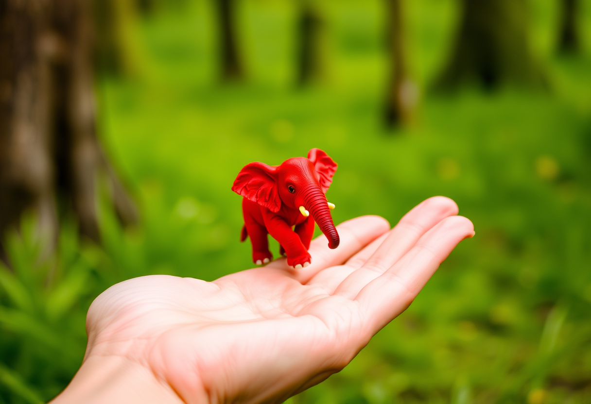 In the palm of his hand was a shrunken red elephant. - Image