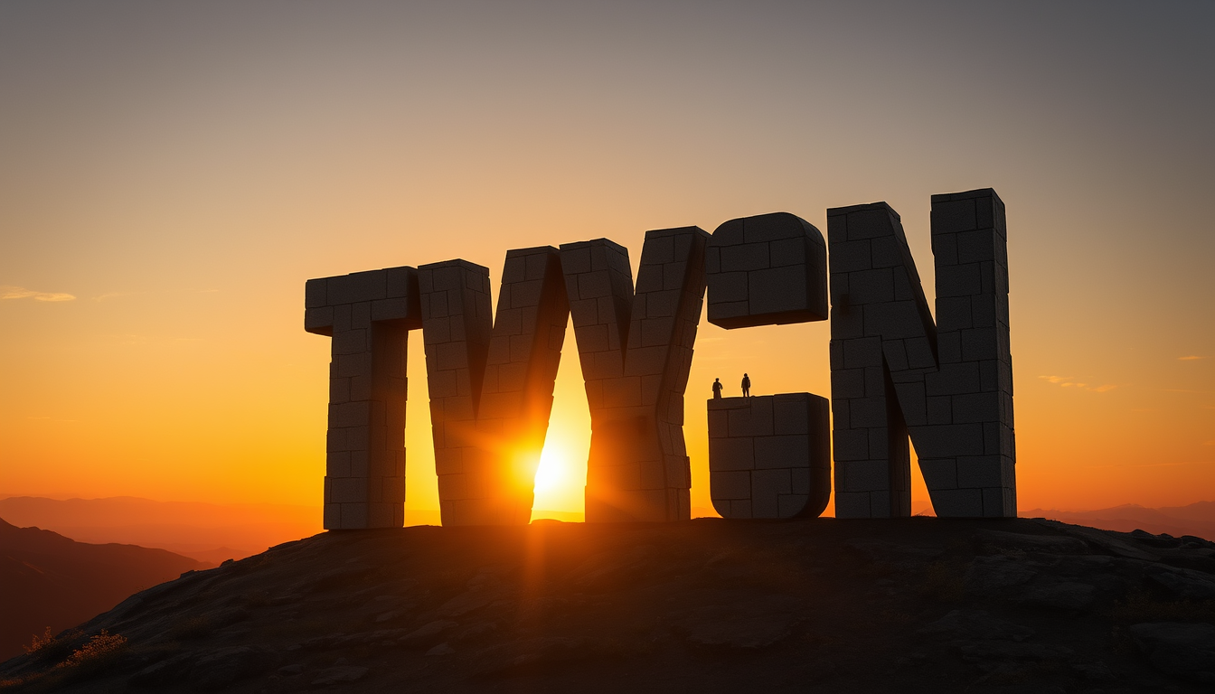 A photorealistic image of a giant stone structure spelling "TVCN" on a hilltop at sunset. The structure should be made of stacked blocks with an ancient, weathered appearance. The sun should be setting behind the structure, casting long shadows and creating a dramatic effect. Include small figures at the base of the structure to show scale. The overall style should be reminiscent of fantasy or science fiction.