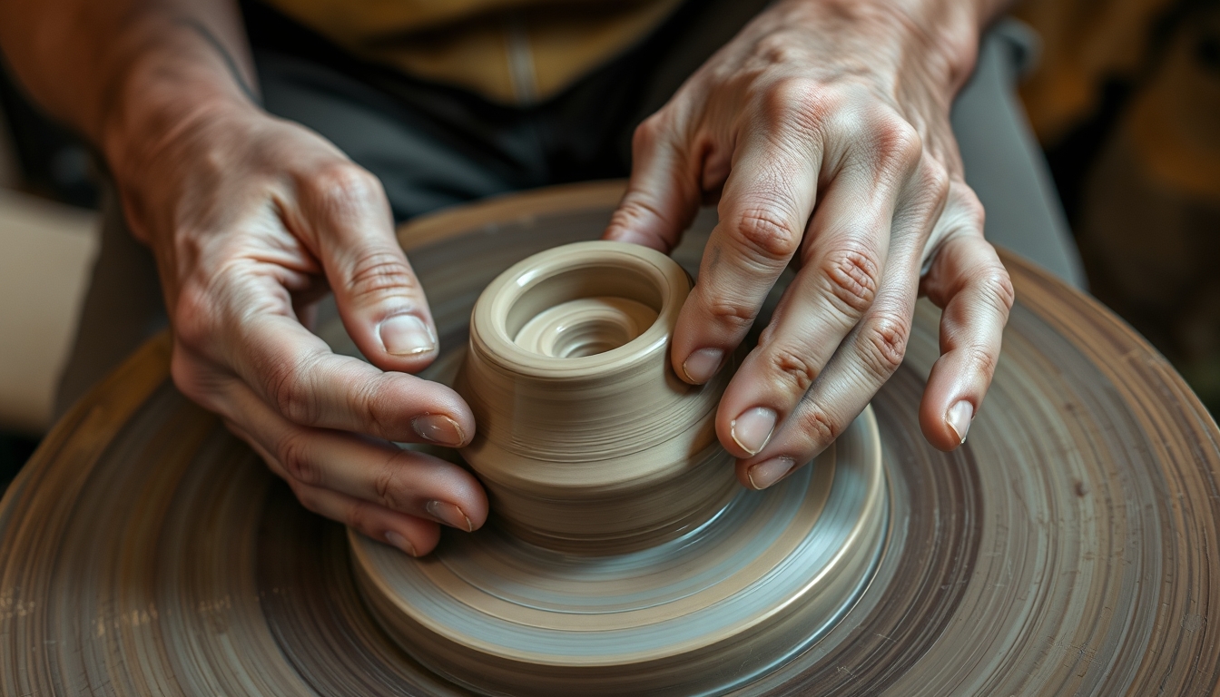 A close-up of a craftsman's hands meticulously shaping a piece of pottery on a spinning wheel, with earthy tones and rich textures.