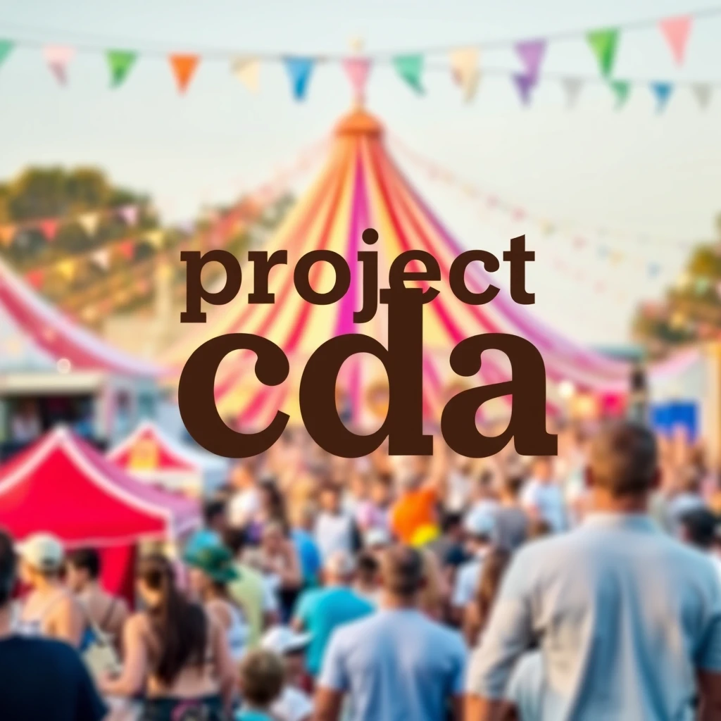 Banner representing a festival with the words "project cda" in contrasting dark colored letters at the center. - Image