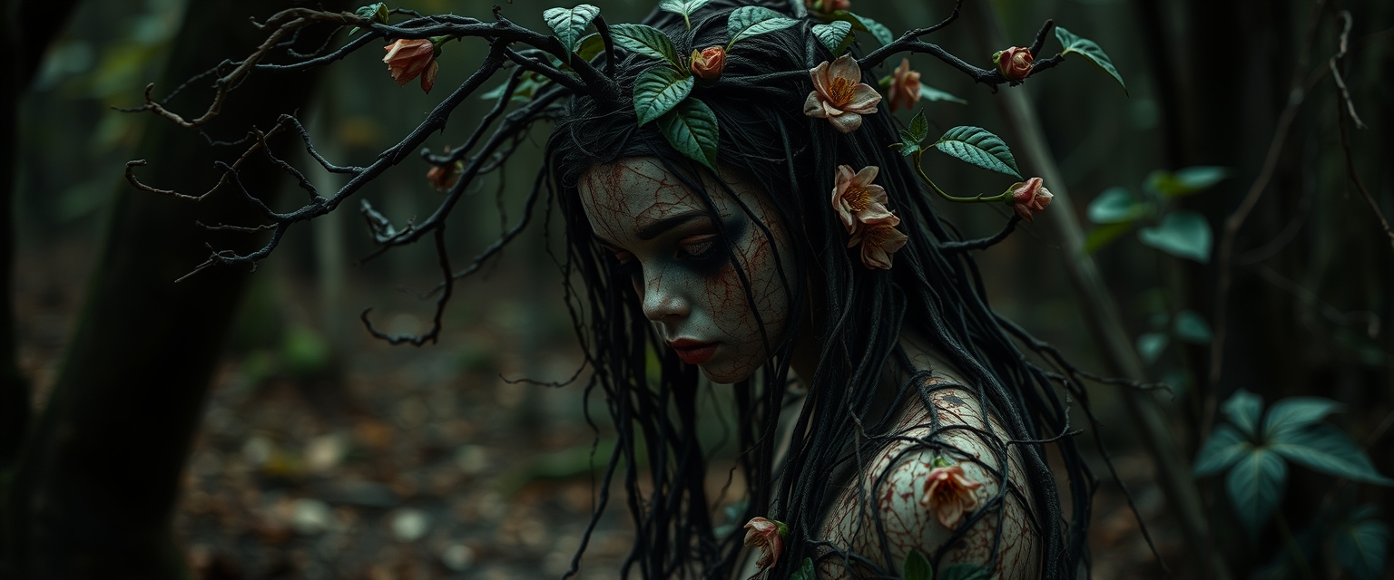 Photography, plant dryad girl made of vine branch, flower, and leaves in a dark wood, bloodthirsty, cinematic, horror movie.