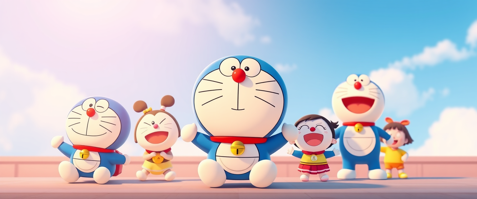 A background for LinkedIn profile, Pixar style, sky blue, Doraemon and his friends.