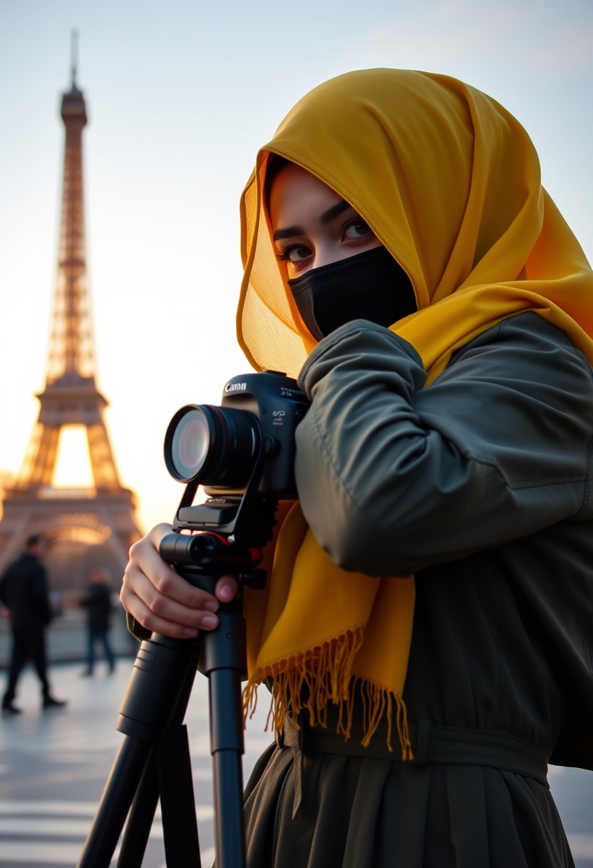 Biggest hijab yellow Muslim girl, beautiful eyes, face mask black, green army leather jacket, biggest skirt, camera dslr canon, tripod, taking photos of Eiffel Tower, sunrise, morning scenery, hyper realistic, street photography.