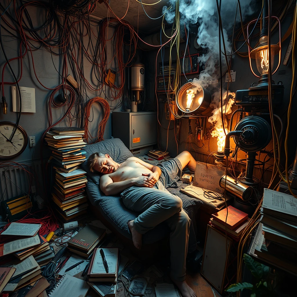 A real-life photograph, wide shot, of a handsome man with a good physique sleeping in the corner of a room. The room has some books scattered messily, and many wires of varying thicknesses are on the floor and in the air, including red, blue, yellow, and other colors. Additionally, there are some machines emitting steam and fire. The lighting is dim, and there are some plants. - Image