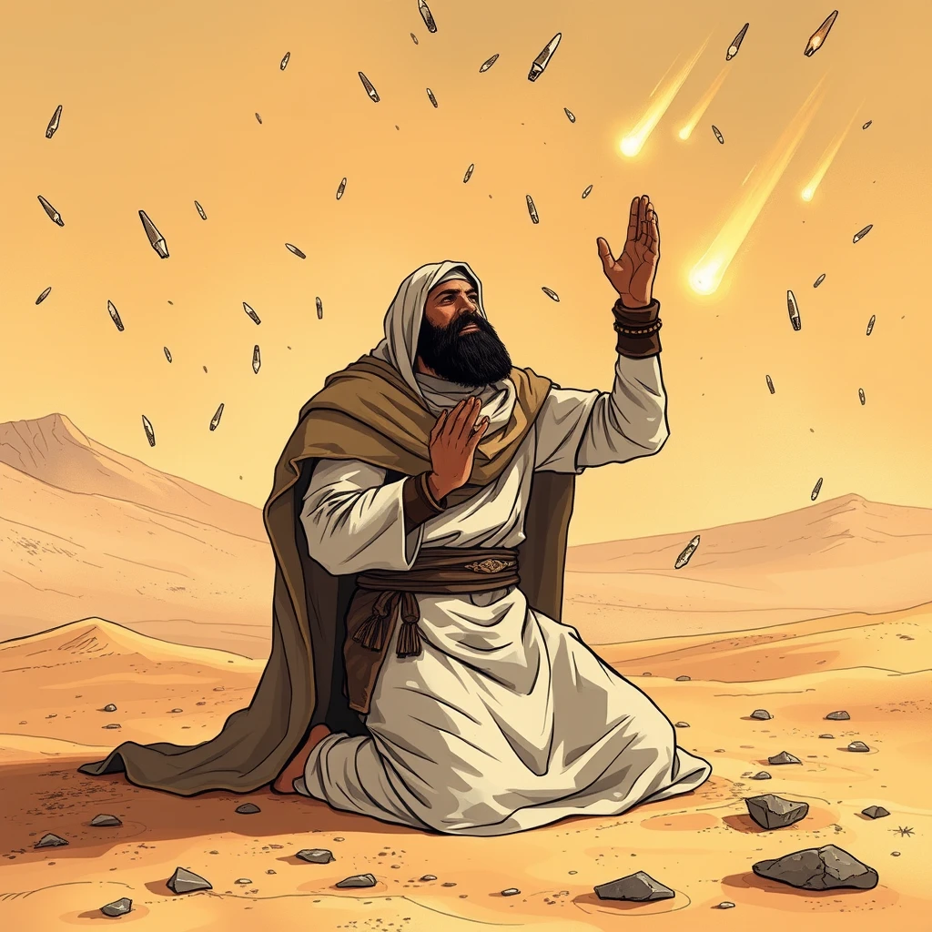 Illustrate a Muslim warrior in a desert setting, depicted on his knees with hands raised in prayer amidst falling meteorites. This scene conveys a sense of vulnerability and fear, contrasting with the warrior's usual strength. - Image