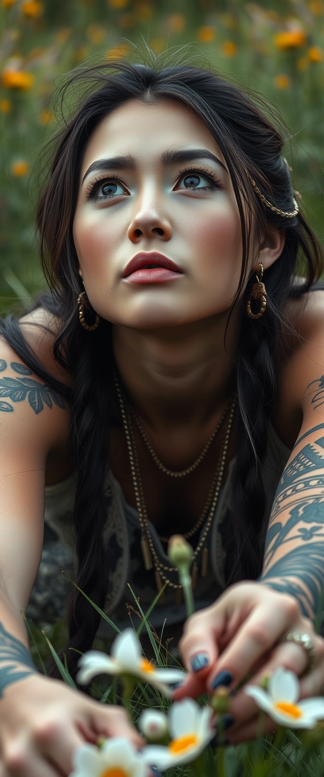 Close-up view of Indian Korean women with white skin, beautiful facial features, and blue eyes, tattooed, picking flowers from the ground while staring upwards. - Image