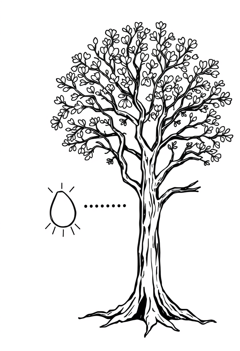 Coloring book page. Black and white sketch comparing a mustard seed to a full-grown tree: On one side, draw a tiny seed with magnification lines around it. On the other side, a large tree with spreading branches. Add a dotted arrow between them to show growth. White background, black and white drawing, sharp black lines. - Image