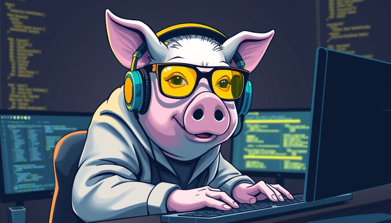 A tech-savvy pig coder, wearing yellow-tinted glasses and sleek noise-cancelling headphones, hunches over a cutting-edge multi-monitor setup. The anthropomorphic pig exudes focus, typing furiously.