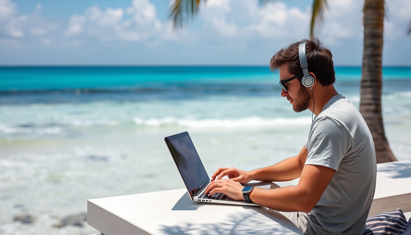 A digital artist working on a laptop in a tropical location, with the ocean in the background, emphasizing the freedom of remote work.