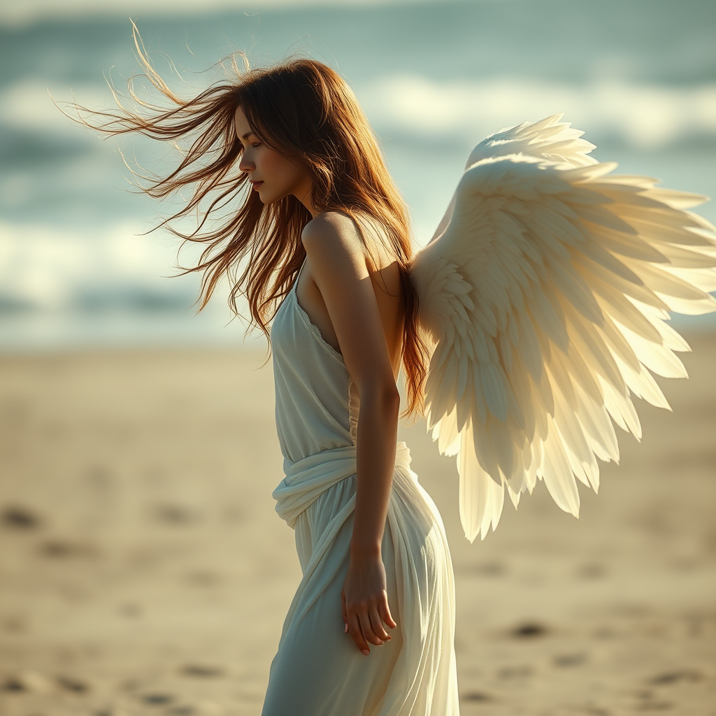 9 heads tall skinny female model, angel, long wavy hair blown by the wind, spread large wings on the back, full body, side view, side lighting, background bokeh, super realistic, film look, Emerald Beach.