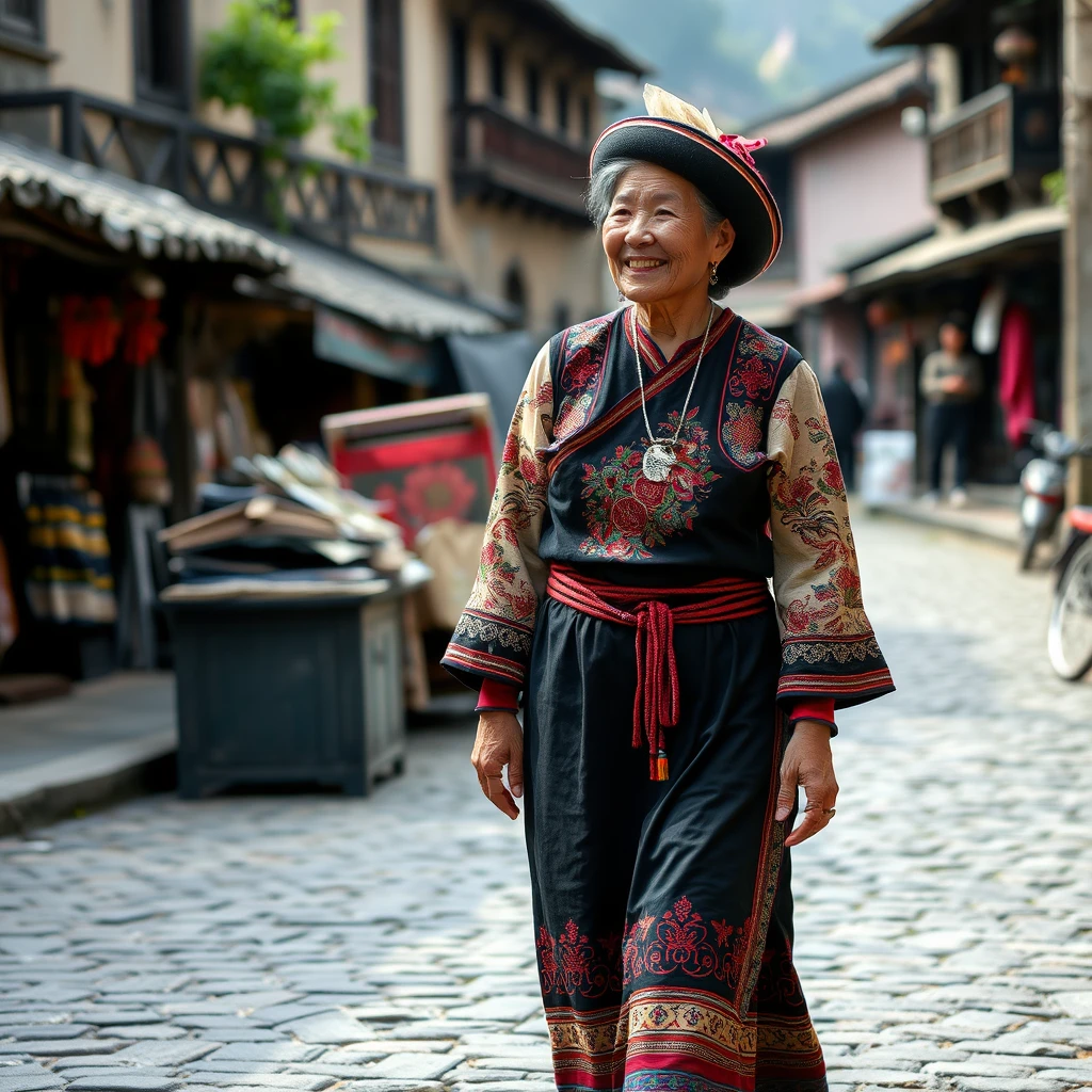 A 45-year-old Chinese woman in traditional Miao dress. She strolled through the flagstone streets of Yunnan's ancient town, her silver jewelry swaying gently with the pace, smiling, immersed in the historic atmosphere of the town. The background features antique buildings and handicraft stalls on the street, and the environment is full of strong ethnic customs.