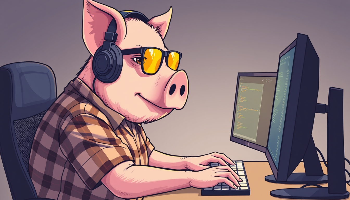 A tech-savvy porcine coder, donning yellow-tinted glasses and sleek noise-cancelling headphones, hunches over a cutting-edge multi-monitor setup. The anthropomorphic pig exudes focus, typing furiously. Wearing a plaid tshirt. - Image