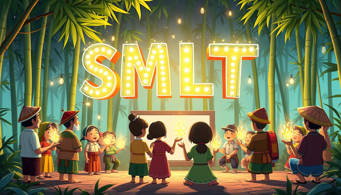 Cartoon style: Vietnamese villagers from various walks of life gather in a clearing surrounded by bamboo groves, facing a glowing screen. Firefly-like lights dance from their palms, converging to form a shimmering "SMLYT" above their heads. The letters are depicted in a bold, cartoon 3D style with exaggerated proportions and vibrant colors. Each letter appears to be made of a different material - metal, wood, crystal, and living plants - with animated textures that continuously shift and change. - Image