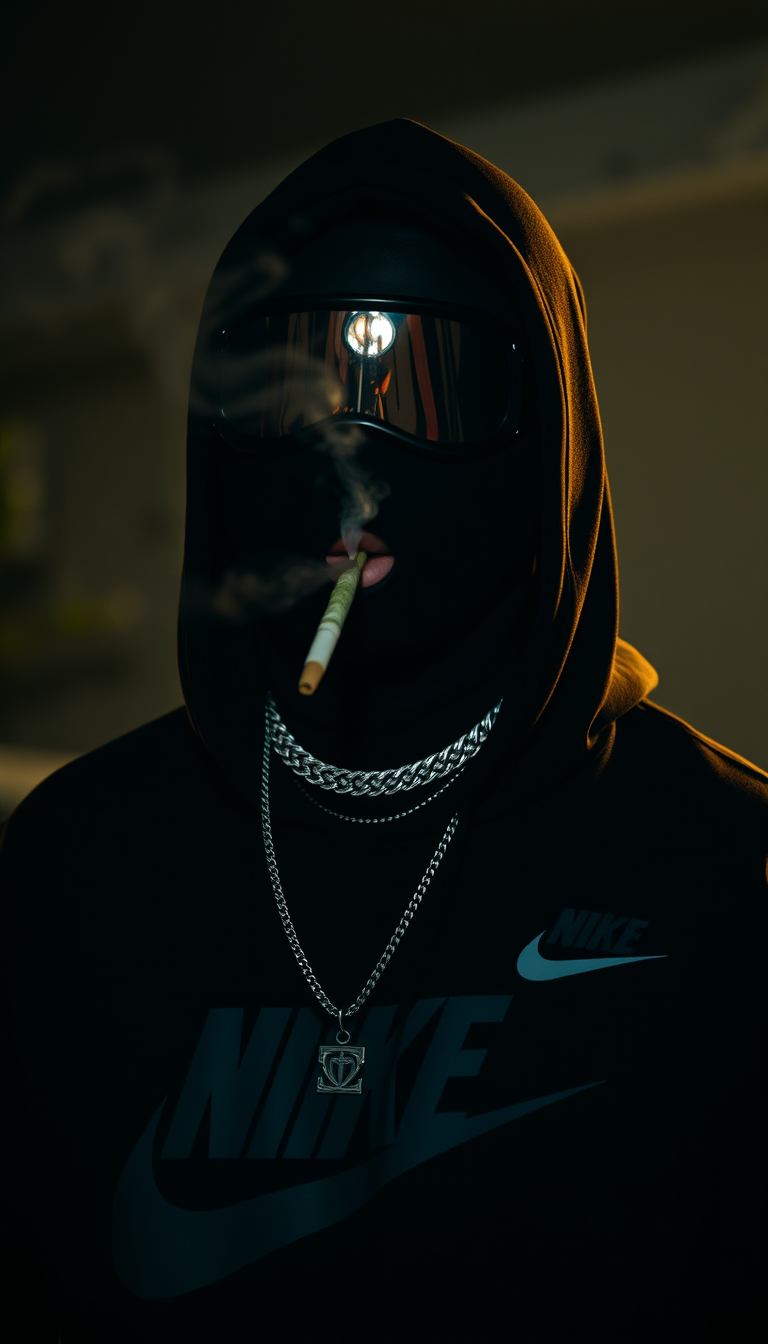 A masked rapper smoking a joint in a dark scene with a reflection on his diamond neck chain; he has a dark modern Nike outfit. - Image