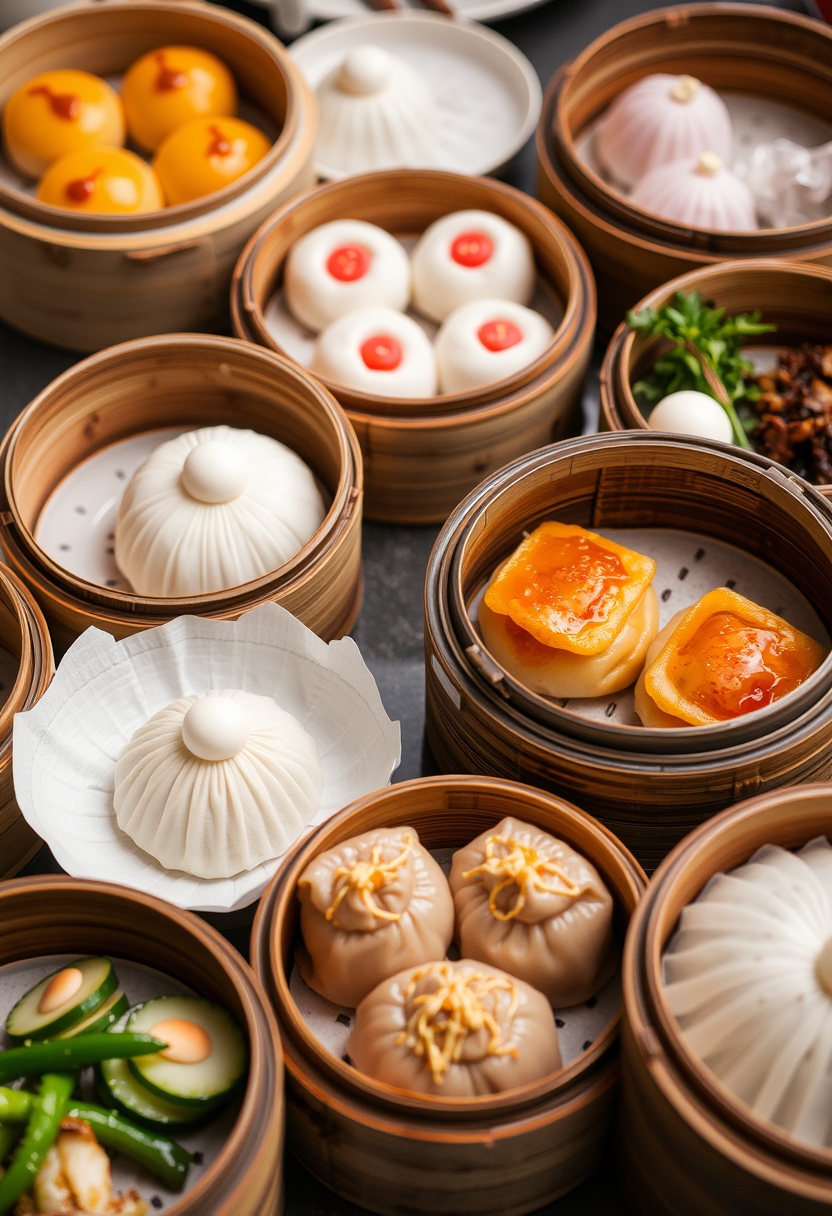 Assorted dim sum dishes in bamboo steamers, highlighting traditional Chinese cuisine.