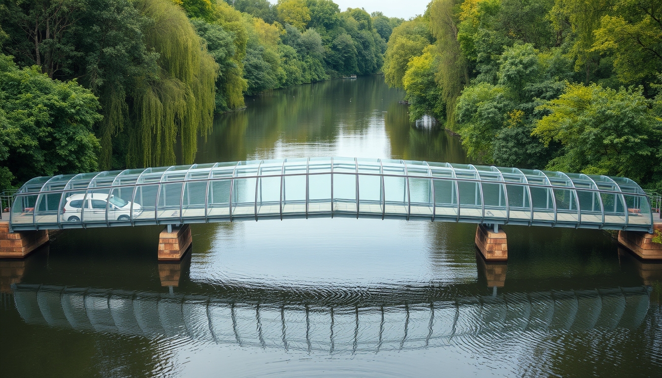 A serene river scene with a glass-bottomed bridge crossing over it.