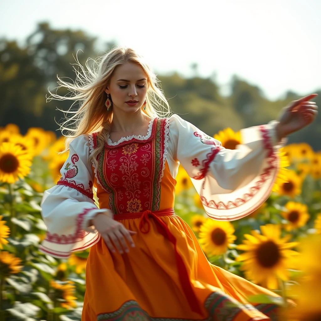 A Ukrainian woman dancing in a sunflower field, 20 years old, blonde, with light in her eyes, (Ukrainian traditional costume: 1.4), Style by Rick Remender, Motion blur, Movement, Full body, Award-winning work. - Image