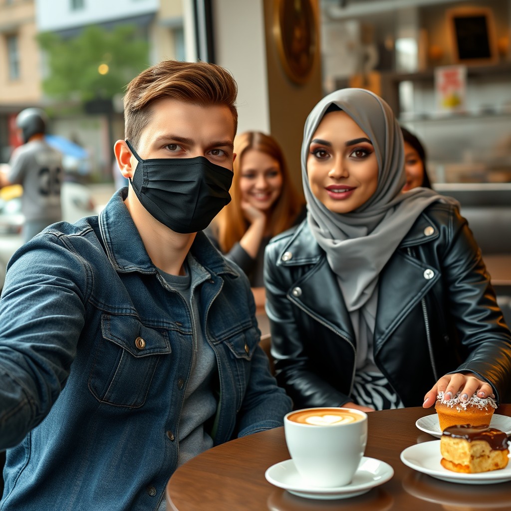 Jamie Dornan's head and body shot, handsome, wearing a black face mask, a blue jeans jacket, and jeans, dating a beautiful Muslim girl in a grey hijab with beautiful eyes, also wearing a black face mask and a black leather jacket, with the biggest zebra pattern skirt. They are at a cafe with two cups of latte, a muffin cake, and a chocolate donut on the table, along with three other friends smiling in the background. Photorealistic, hyper-realistic street photography, selfie.