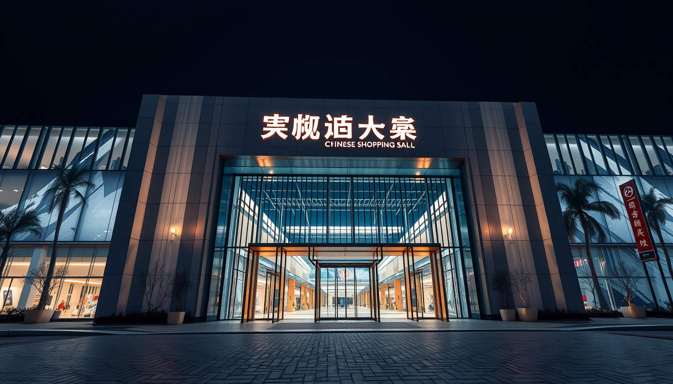 night, close-up of Chinese modern luxury shopping mall gate, (Minimalism: 1.4) design, cold colors, masterpiece, best quality, realistic style, 3D rendering, architectural photography, masterpiece, high quality, ultra high detail, 8K, HD