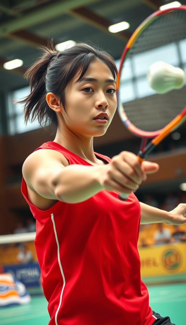 A detailed, realistic portrait of a young woman playing badminton in an indoor sports arena. The woman is wearing a bright red jersey and is mid-swing, her body in a dynamic, athletic pose as she focuses intently on the shuttlecock. The background is blurred, with glimpses of the court, net, and spectator stands visible. The lighting is natural and directional, creating shadows and highlights that accentuate the woman's features and muscular definition. The overall composition conveys a sense of energy, movement, and the intensity of the game. The image is highly detailed, with a photorealistic quality that captures the textures of the woman's clothing, skin, and the badminton equipment. A woman with a beautiful face like a Japanese idol.