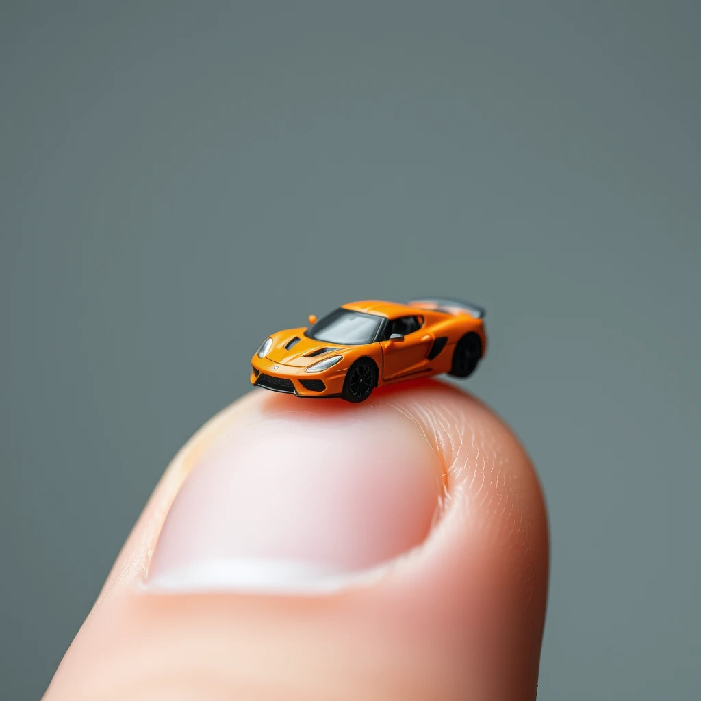 Extreme close-up macro photography depicting a very tiny miniature sports car standing on a fingertip. - Image