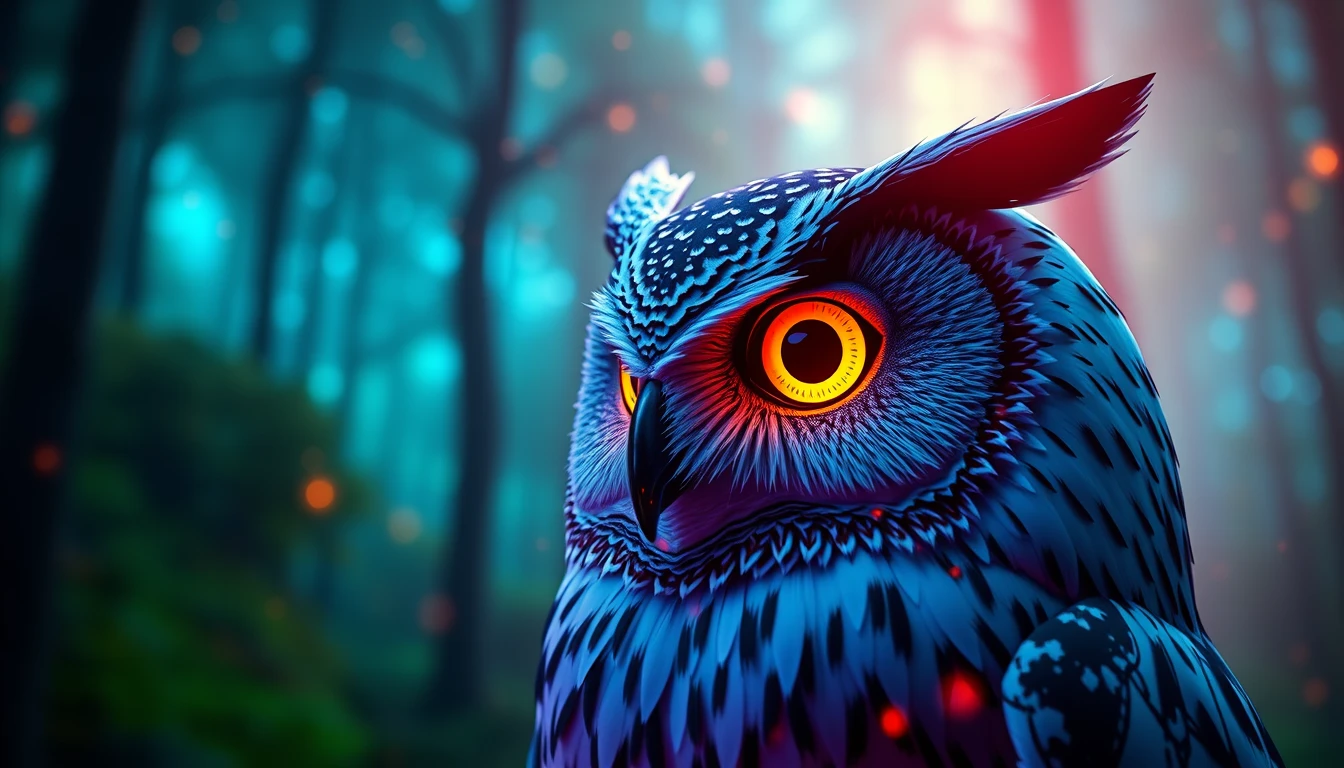 "portrait | wide angle shot of eyes off to one side of frame, lucid dream-like 3d model of owl, game asset, blender, looking off in distance ::8 style | glowing ::8 background | forest, vivid neon wonderland, particles, blue, green, orange ::7 parameters | rule of thirds, golden ratio, asymmetric composition, hyper-maximalist, octane render, photorealism, cinematic realism, unreal engine, 8k ::7 --ar 16:9 --s 1000"