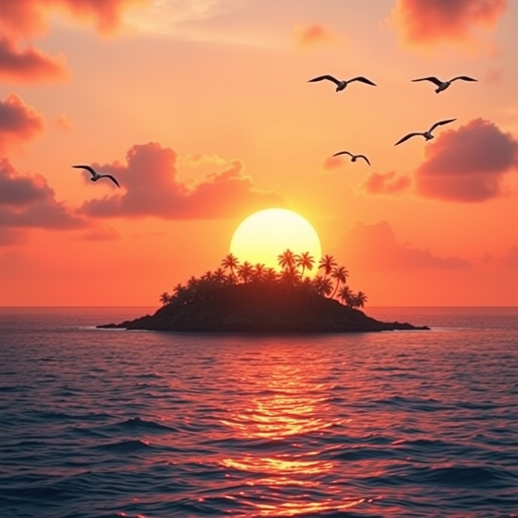 A beautiful view of a small island in the middle of the ocean, with some palms on the island, at sunset, with suns in the background. The suns reflect on the ocean, the sky has reddish shades, there are some clouds in the sky, and some seagulls fly in the sky. - Image