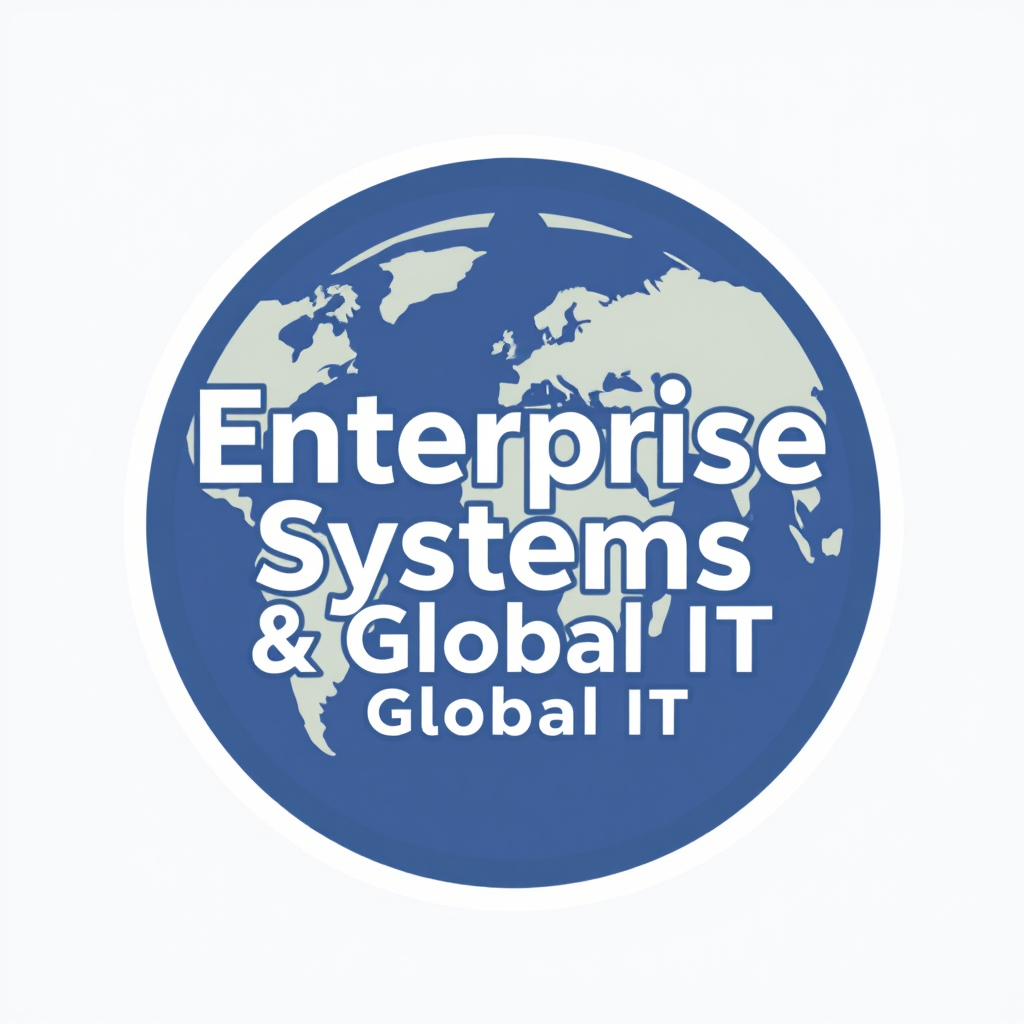 Create a full frame logo using the color palette for The Knot WW, found here: https://www.juliekeh.com/theknotww, for the "Enterprise Systems & Global IT" team. Incorporate the text of team name into the logo and make it stylistically representative of the team's functions. Transparent background and make it like a sticker. - Image