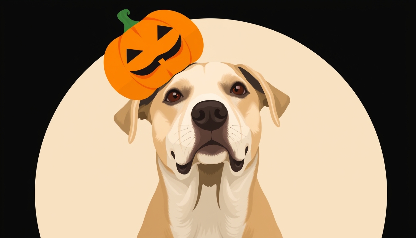 A dog with a pumpkin on its head, minimalistic style, Halloween theme, simple background. - Image