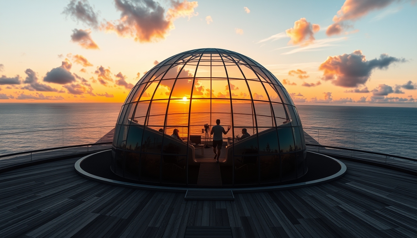 A breathtaking sunset viewed through a giant glass dome on a tropical island.