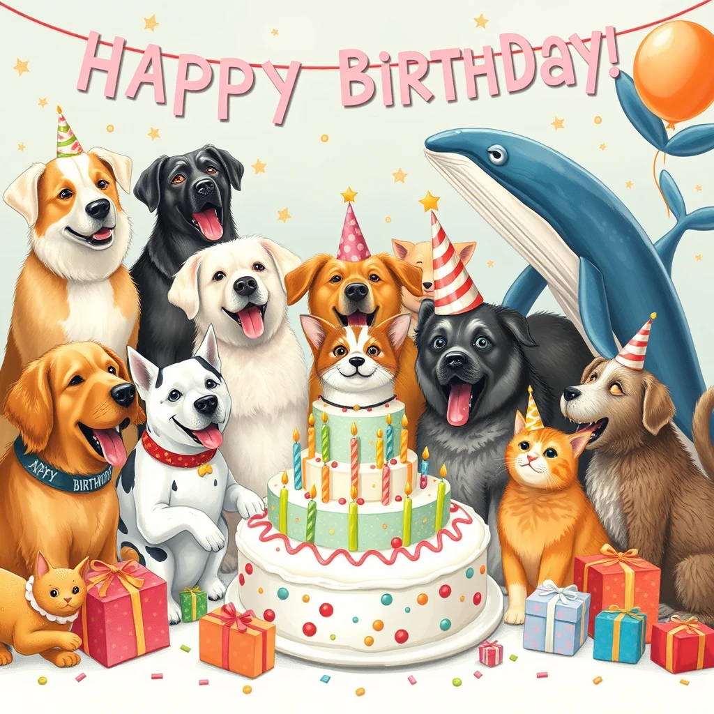 A group of animals is celebrating a birthday, including dogs, cats, and whales, with lots of gifts and a joyful atmosphere.