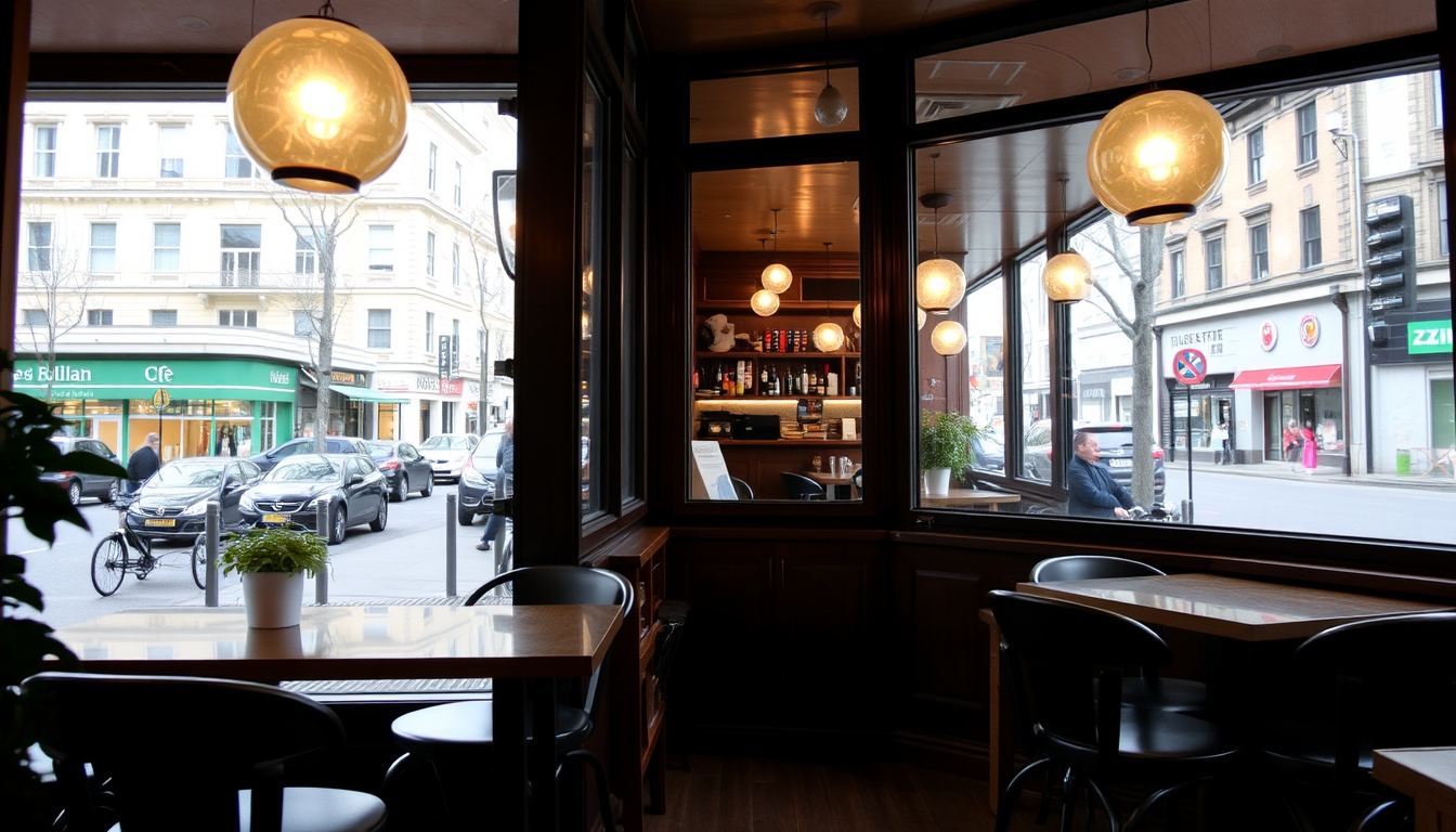 A cozy café with glass walls, offering a panoramic view of a bustling street. - Image