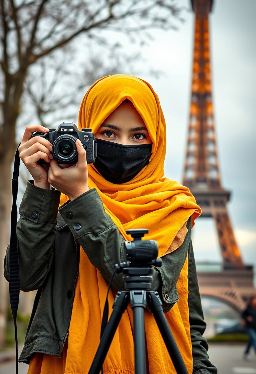 Biggest hijab yellow Muslim girl, beautiful eyes, face mask black, army leather jacket, biggest skirt, camera dslr canon, tripod, taking photos of Eiffel Tower, hyper realistic, street photography. - Image