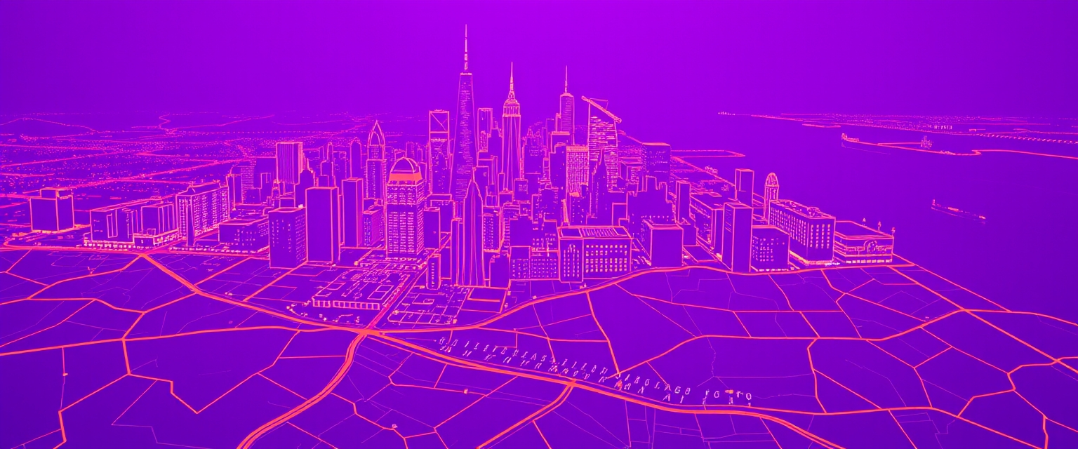 A city with a purple background and orange lines.