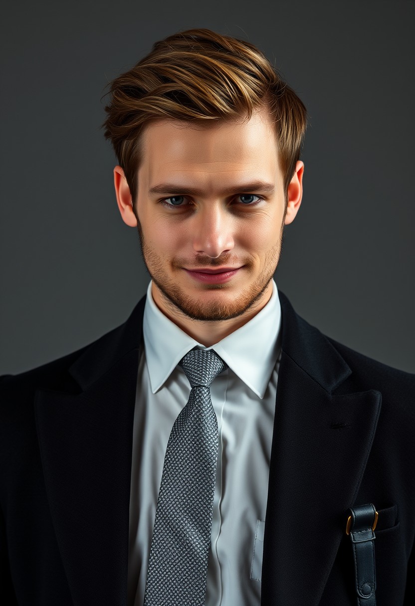 Jamie Dornan's head and body shot, handsome, young, shy smile, white shirt half buttoned, grey patterned tie, black suit coat, leather shoes, leather bag, hyper-realistic, studio photography, full body photography.