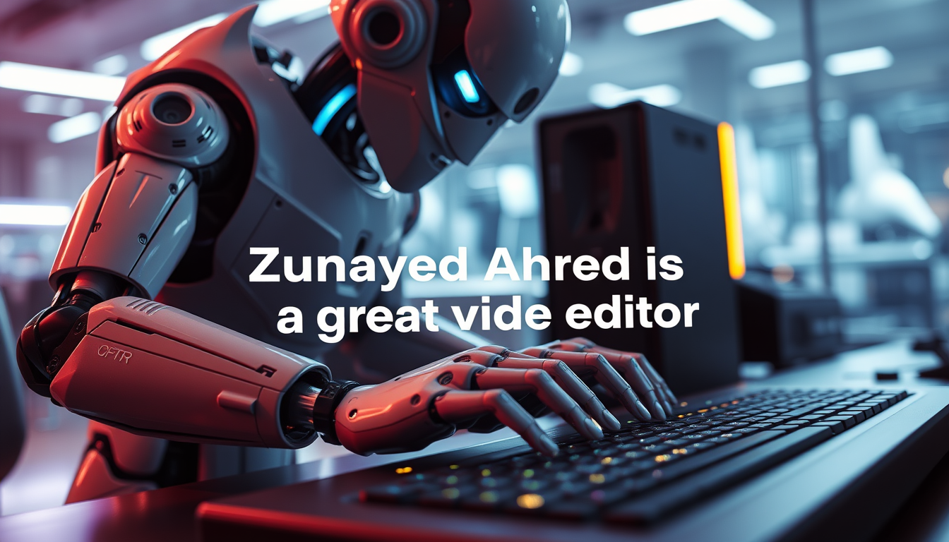 A futuristic robot typing on a PC with the text saying "Zunayed Ahmed is a great video editor" from a dynamic view, cinematic lighting, HD, Next-Gen, Vibrant. - Image