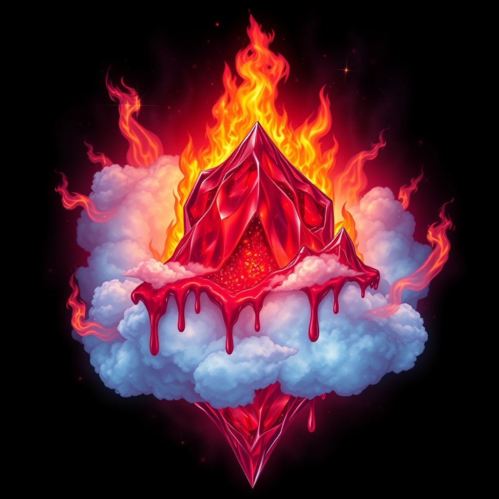 A tee shirt design of a beautiful ruby red kingdom in the clouds on fire with beautiful liquid red ruby dripping with flames. The ruby has subtle colorful embers burning in the ruby. Inside of the ruby should be reminiscent of beautiful galaxies perfectly blended with chaos. Striking and otherworldly on a transparent background, the flames should have an outline of a beautiful blue ethereal glow.