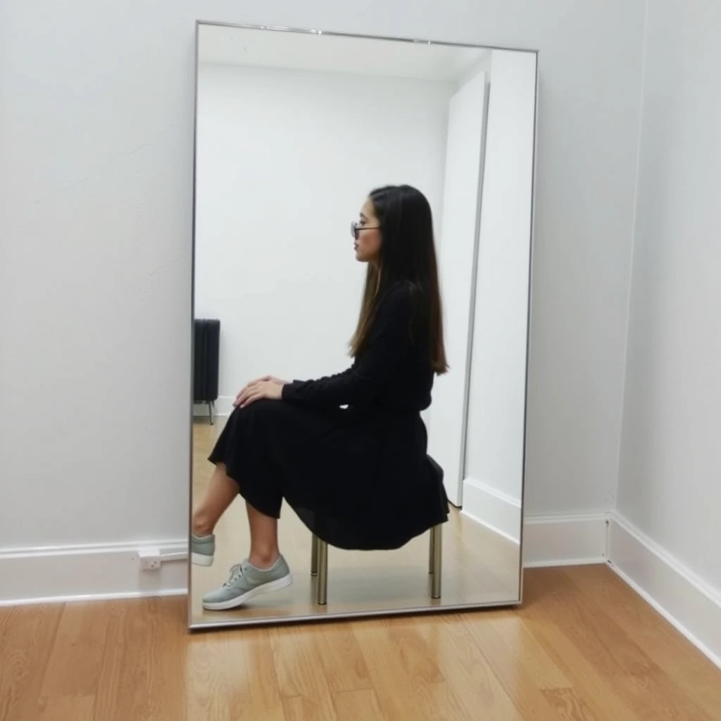 A female student is sitting, looking in the mirror, which is a full-length mirror that allows her to see her feet. - Image