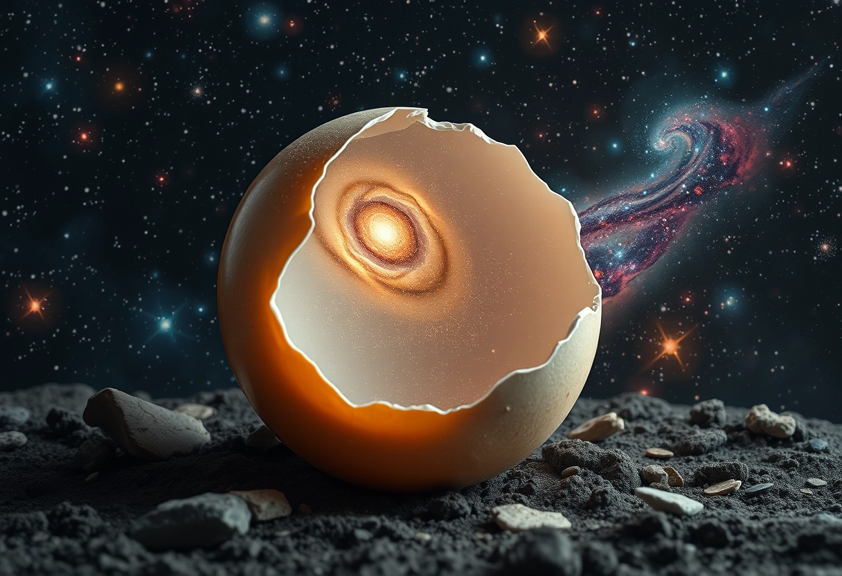 The galaxies and stars flow out from the broken eggshell. - Image