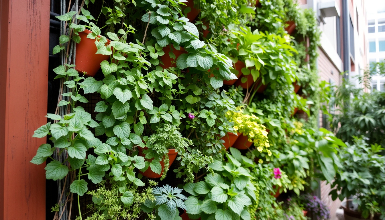 Vertical garden in an urban setting, lush with various plants and herbs.