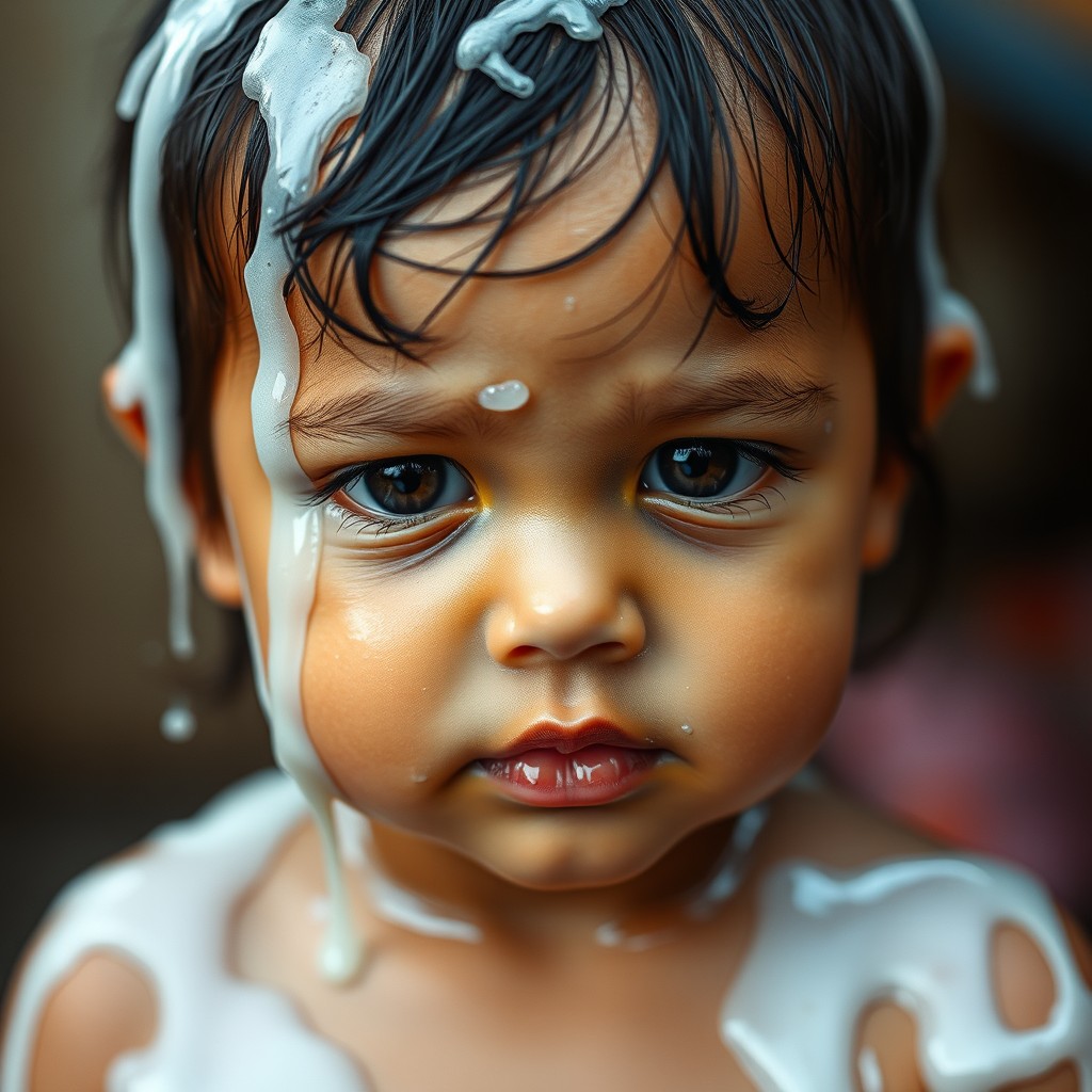 cute little toddler girl with wet oily skin covered in translucent white liquid