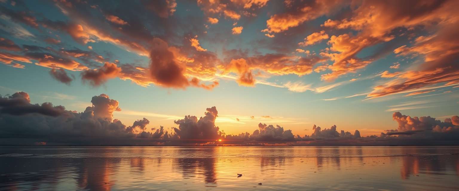 fiery sunset, clouds, high quality, photorealistic, evening sky, reflection, serene, seashells