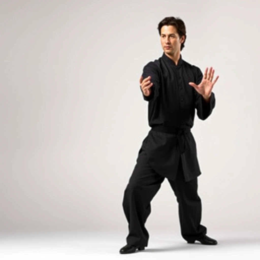 Photo of a college Keanu Reeves, performing Tai Chi in the White Crane Spreads Its Wings posture. He stands in a balanced and poised stance with his left hand extended upward, his right hand downward, and palm facing inward, emphasizing the grace and fluidity of the movement. The background is serene and minimalistic, highlighting the intricate hand movements and overall posture of Tai Chi.