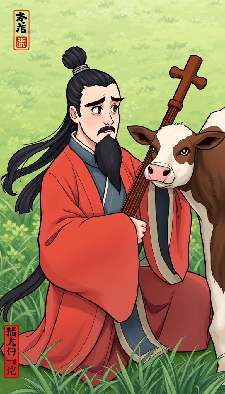 Gong Mingyi, in his traditional Chinese robes with long flowing hair in a bun, stops playing and looks puzzled. His eyebrows are furrowed, and he observes the cow's lack of reaction to his music. The background continues to show the lush greenery of the field. (illustration style, traditional Chinese art) - Image