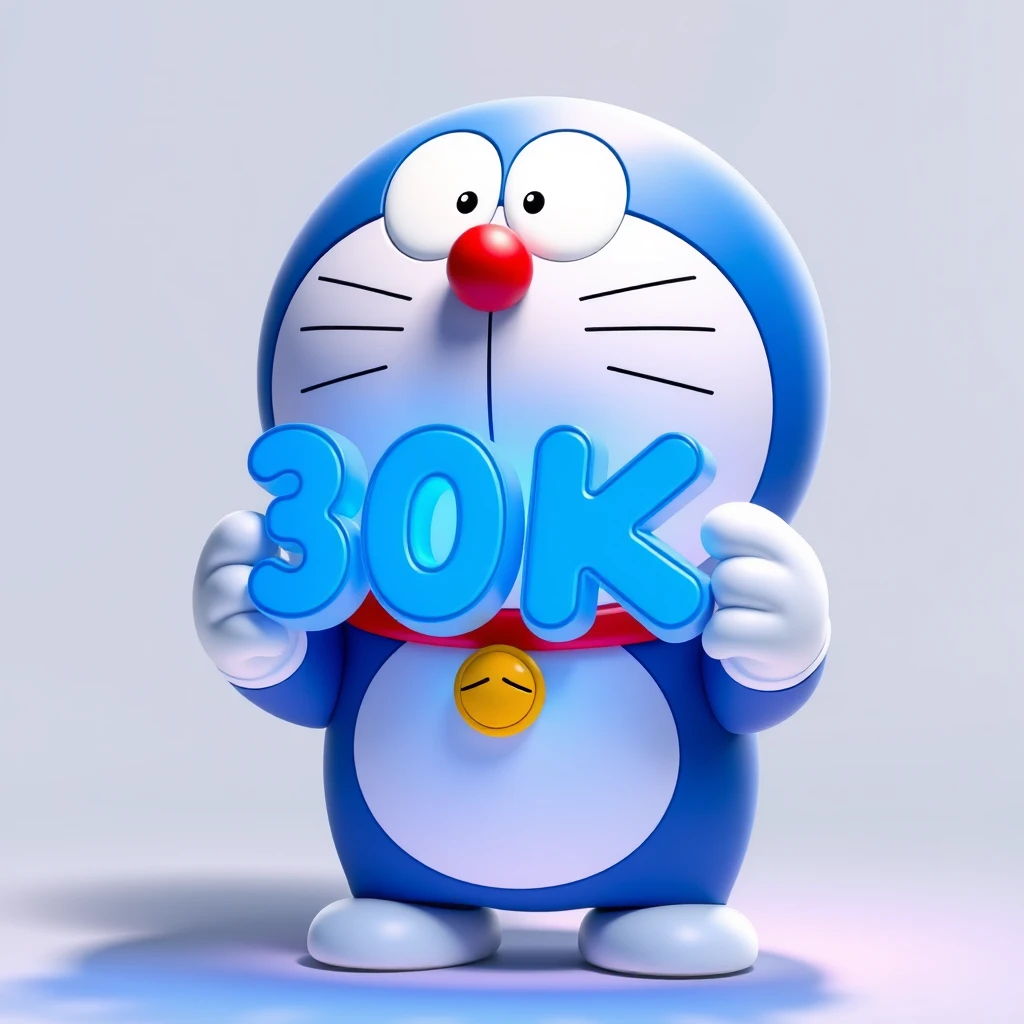 Pixar Style, 8K, this is an avatar, 3D, Doraemon, with a full body and a cute smile, holding a 3D logo in his hands, the logo color blue, shows growing blue light.