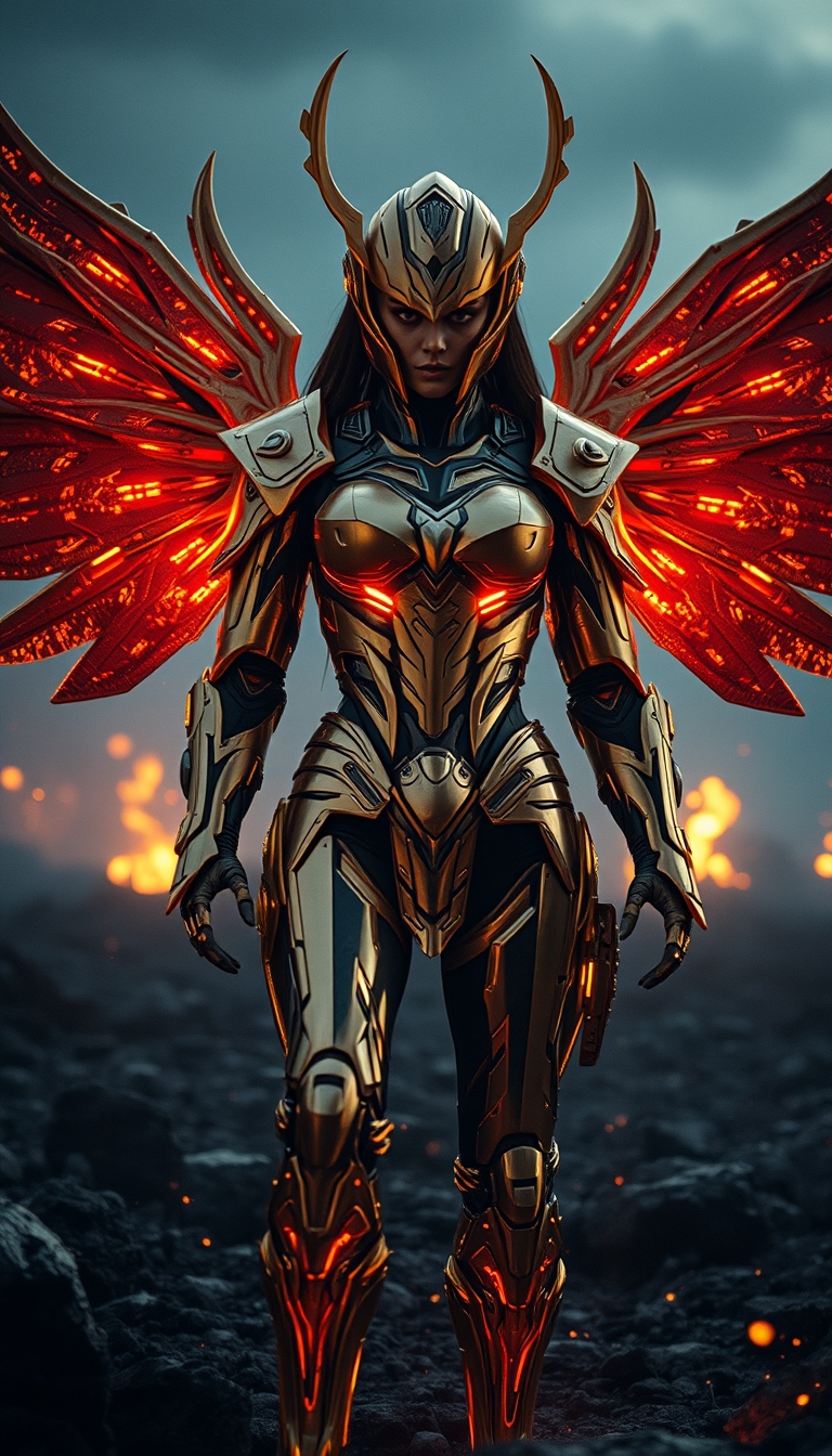 Cinematic shot of a cyborg female battle angel rising from ashes, golden regal Valkyrie armor, futuristic, full helmet, standing on a battlefield, movie scene, film grain, realistic, shot from below, dark lighting. - Image